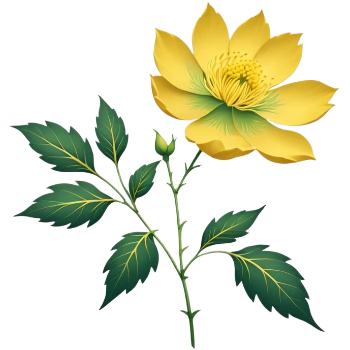 Japanese style Fukujuso (Adonis amurensis) flower in ukiyo-e inspired design, bright golden-yellow petals, green feathery leaves, traditional composition on subtle rice paper texture emoji