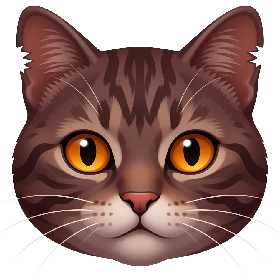 A very dark red-brown tabby cat head without highlights and with bright orange eyes and a lot of scars and torn ears emoji