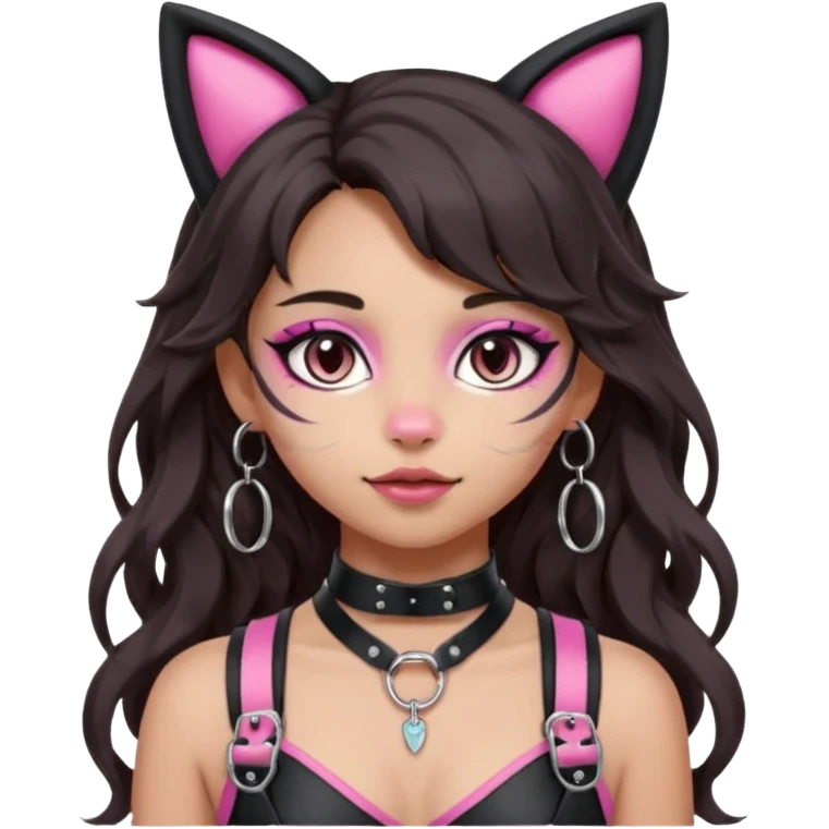 Remove any apple from the emoji. Make the makeup even more natural and minimal. Keep the silver O-ring, bangs, light-medium Hispanic skin, long dark wavy hair, cat ears, and pink BDSM-inspired harness. Style: apple emoji. emoji