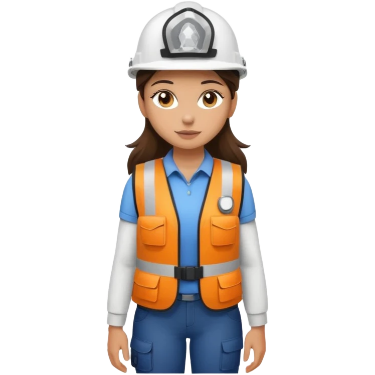 Brunette brown Girl full body standing with her white security helmet and security vest that fits her big on, also with her black backpack. Full body emoji