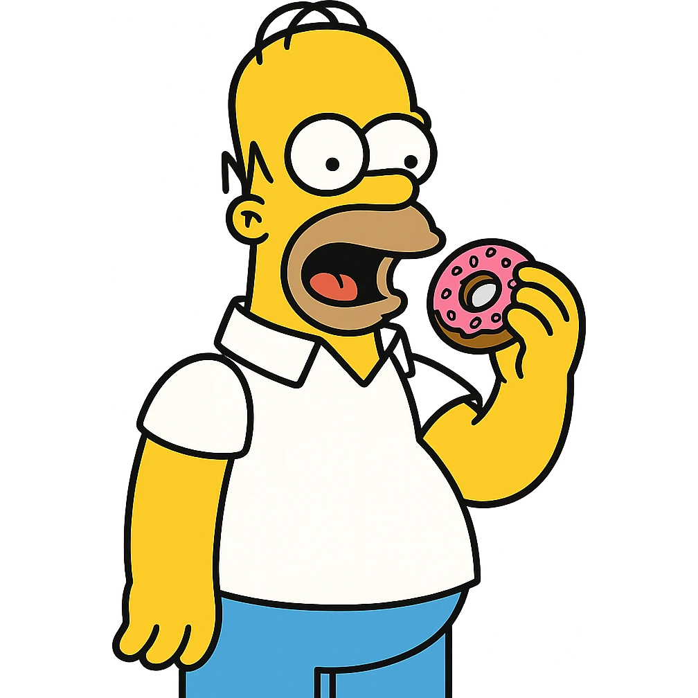 Homer Simpson classic cartoon style yellow skin bald with two hairs white shirt blue pants eating a donut emoji