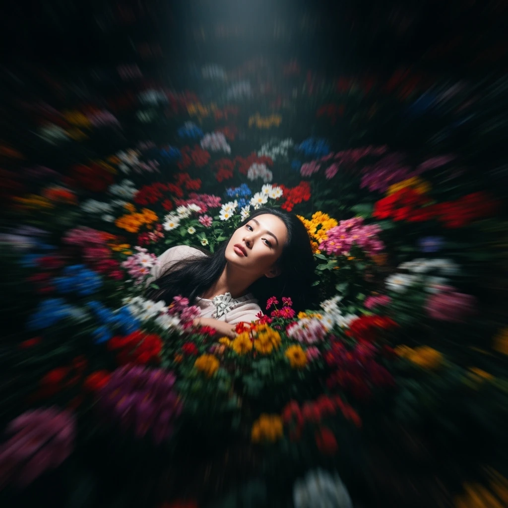 Camera drom top, Motion blur Extreme Closeup photo of a beautifull woman lay around beautifull colorfull flowers, cinematic light, 8K, very detailed, sharp, depth (foreground, midground, background) Spotlight, dark environemnt emoji