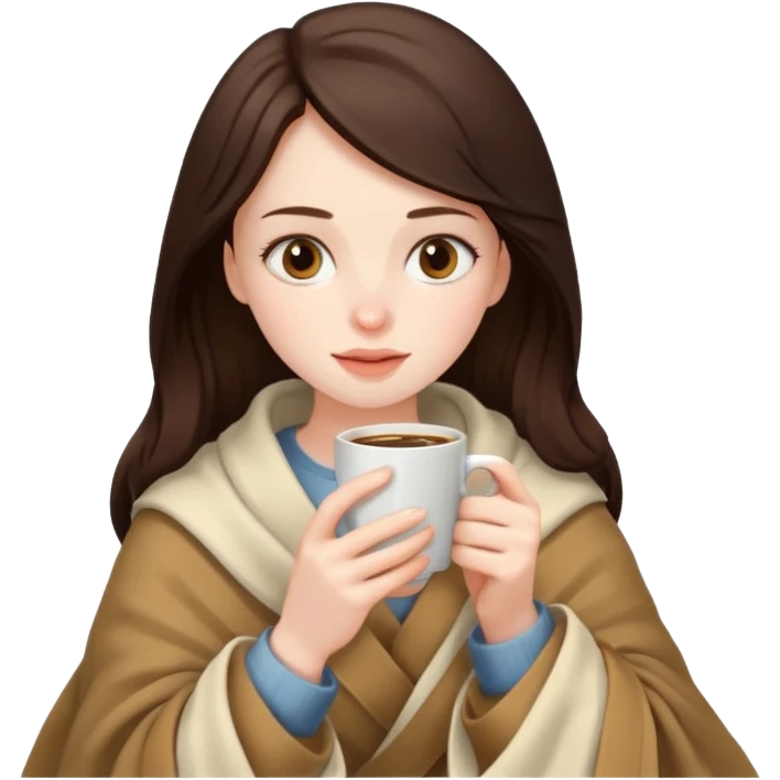 Brunette girl inside a blanket drinking coffee emoji
