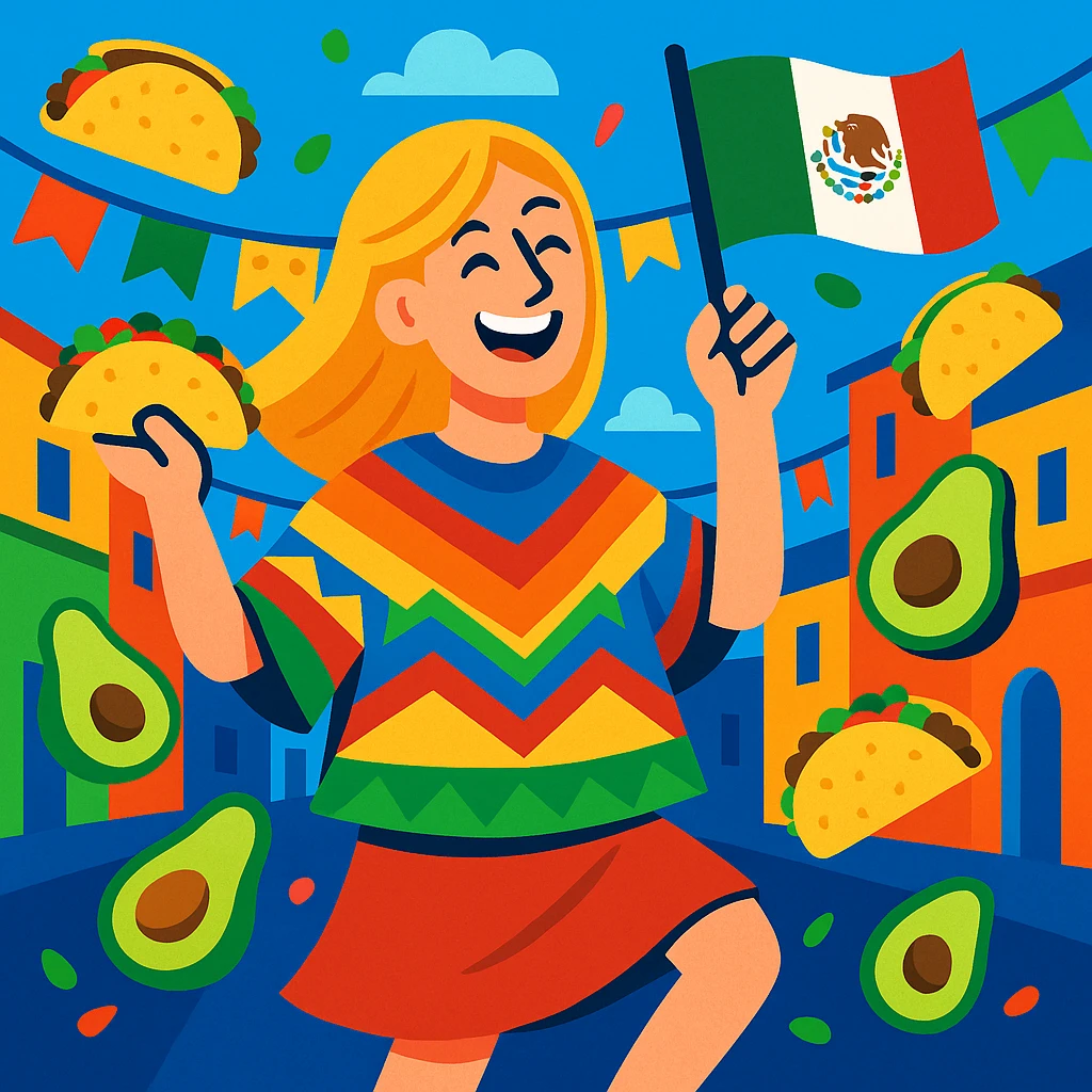 festive Cinco de Mayo cartoon of a tall blonde woman, smiling, wearing a colorful poncho, holding a taco and an avocado, waving a Mexico flag, dancing in the street, surrounded by tacos and avocados, lively street party background, bright and bold colors emoji