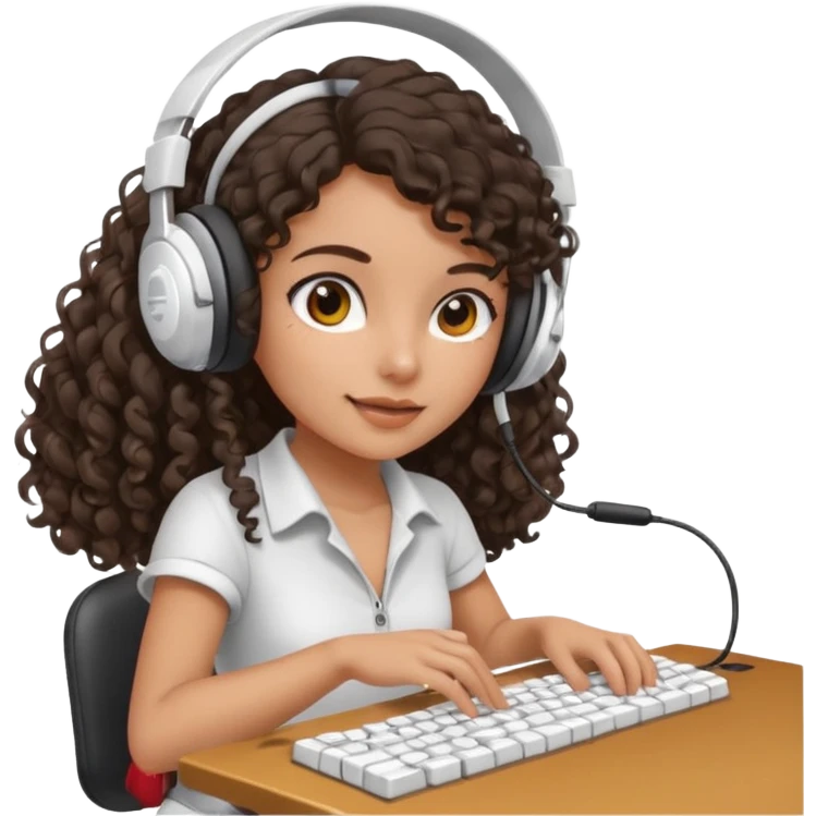 Spanish girl with long dark curly hair, wearing a white gaming headset and playing on keyboard with a gaming mouse in one hand emoji