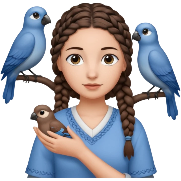 женщина с темно-коричневой косичкой и серо-голубыми глазами и светлой кожей держит на руке трех птиц коричневого и серого цвета emoji