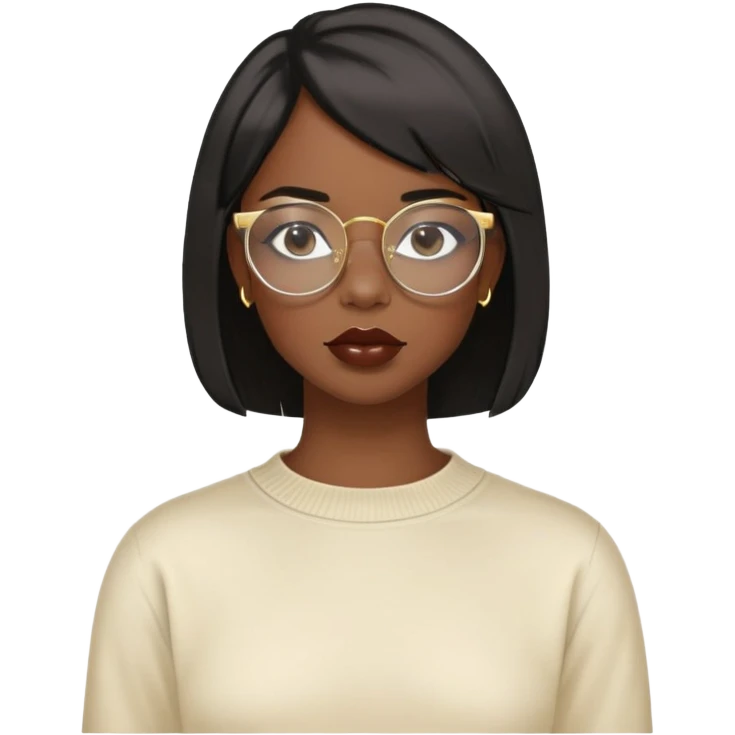 Dark Black girl with black back length bob with layers. She wears clear glasses and has on small gold hoop earrings and lipgloss. Shes also wearing a cream colored crew neck shirt emoji