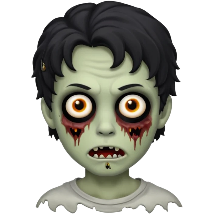a boy with wavy hair, a zombie-shaped mouth piercing hum, and black hair emoji