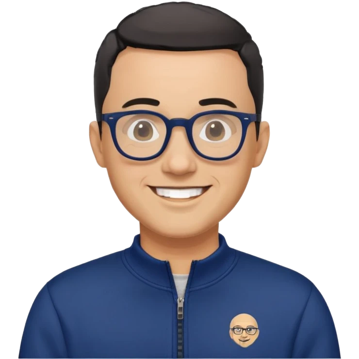 Light-skinned man with very short black hair (shorter buzz cut), short graying beard, big black glasses frames, happy smile, navy blue zip-up sweatshirt with long sleeves emoji