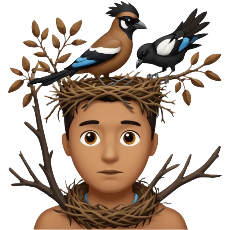A man who has a magpie birds nest on top of his head for hair emoji