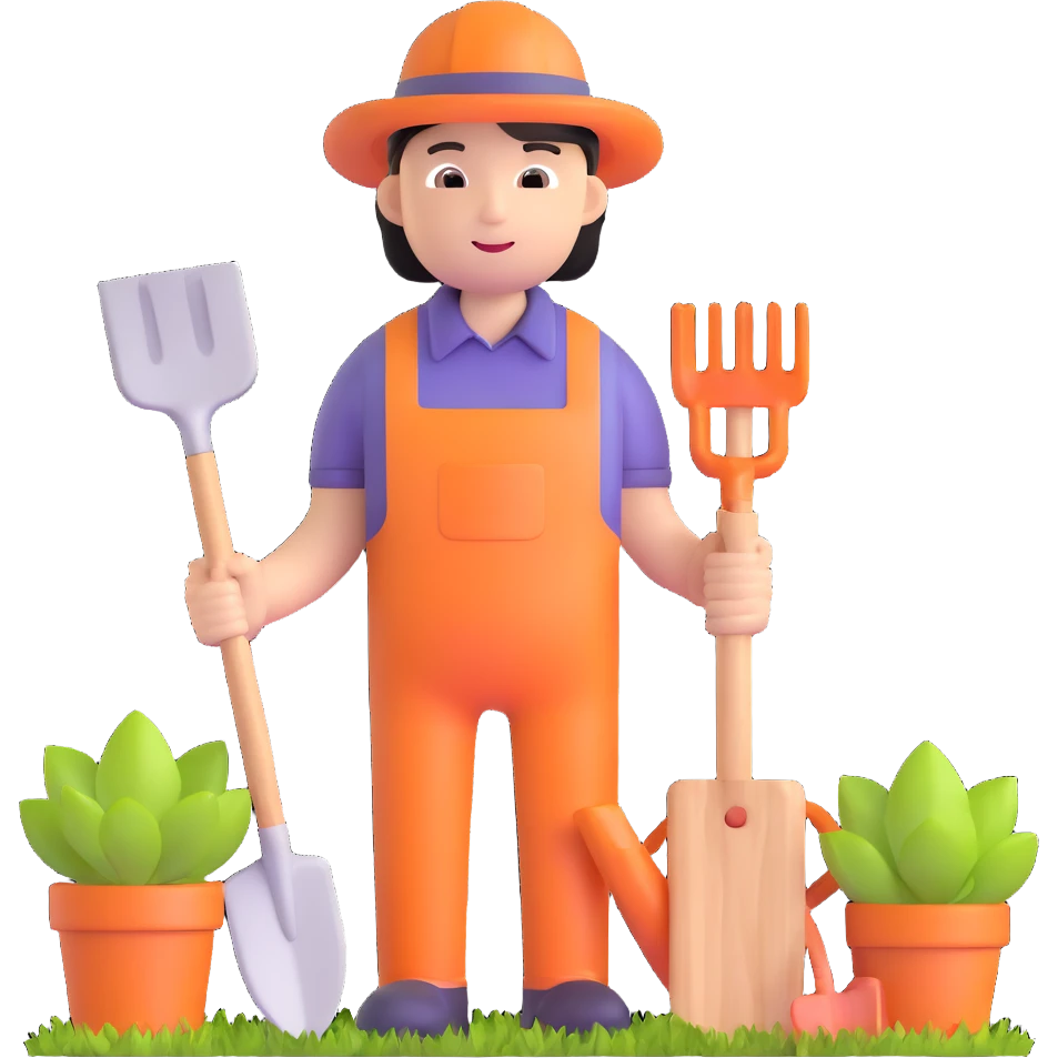 Asian gardener named Yong with gardening tools emoji