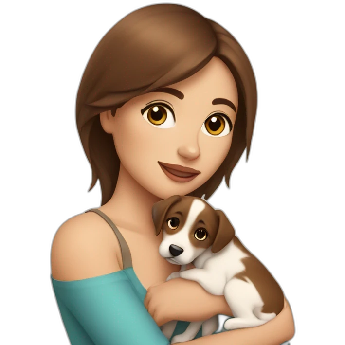 beautiful woman with brown straight hair and brown eyes hugs a puppy emoji