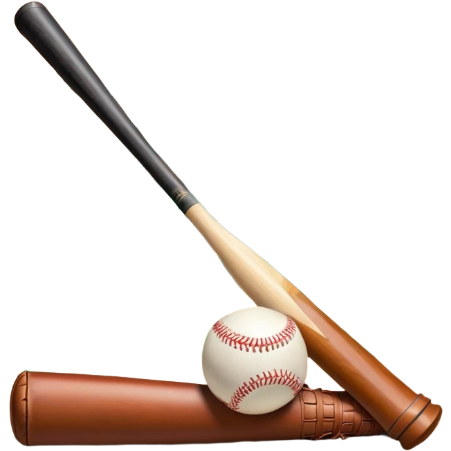 A baseball bat, ball, and glove resting on the ground, set against the backdrop of a baseball field. The scene captures the iconic equipment of the sport, with the field in the distance and a bright sky above, evoking the spirit of the game. emoji