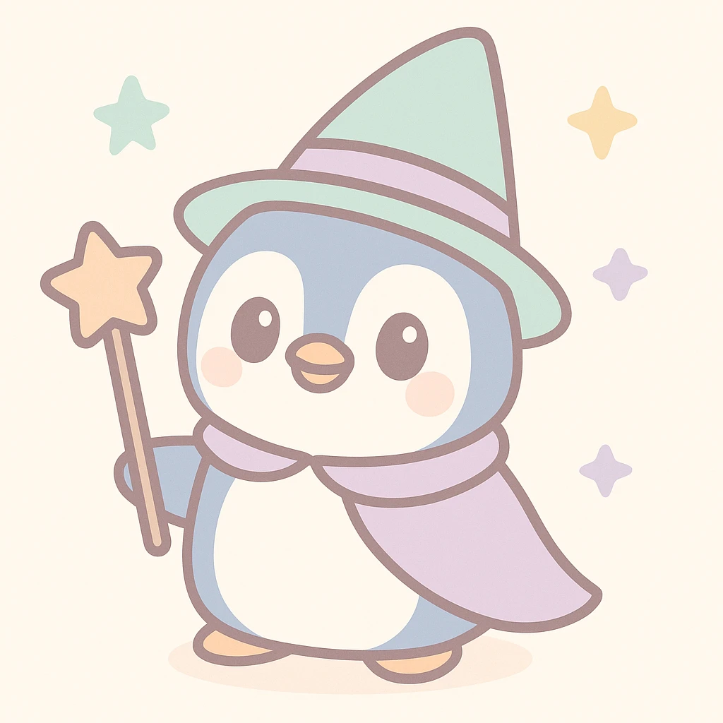 a penguin dressed as a wizard, with a pointed hat and a magic staff, in a fun and whimsical style emoji