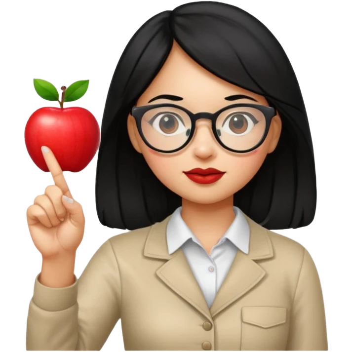 Guatemalan Girl with Black hair and Nerdy Glasses sticking up pointer finger, holding an apple emoji