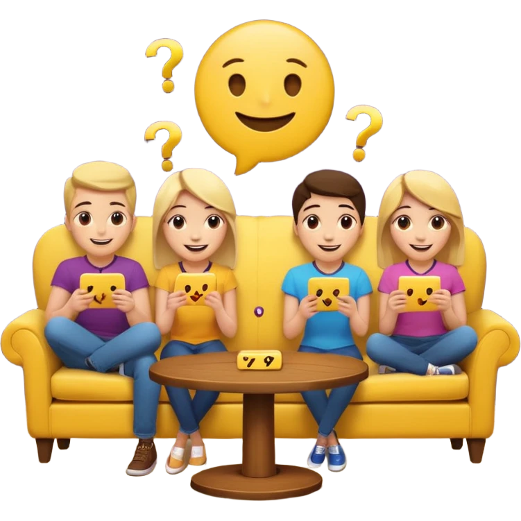 group of friends on couch playing a trivia game couch should be deep dark yellow color.  include a small wooden table in front of the couch as well.  Add 1 smiling face emoji and 2 question marks above their heads emoji