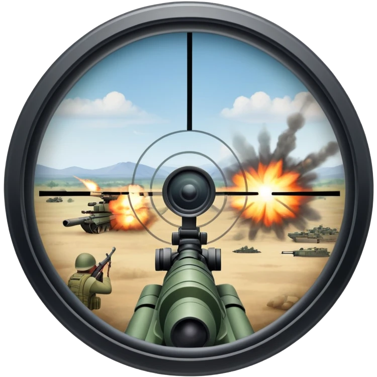 An icon symbolizing first-person shooter games. The design features a circular sniper scope view with crosshairs aimed at a distant target. The background shows a battlefield with soldiers and explosions, capturing the action-packed intensity of FPS games. Transparent background. emoji