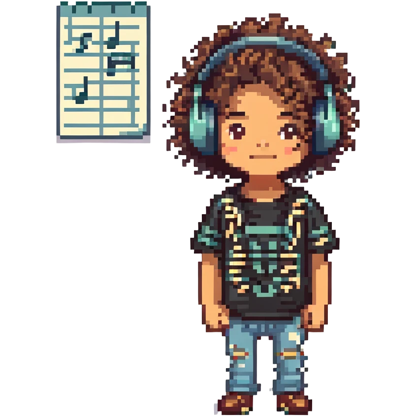 Pixel art of a young Mexican DJ with curly hair and music notes emoji