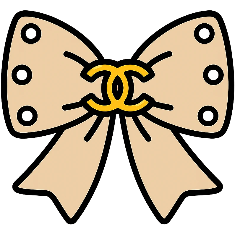 elegant bow with pearls and gold Chanel logo, glossy, monochrome, color outline style emoji