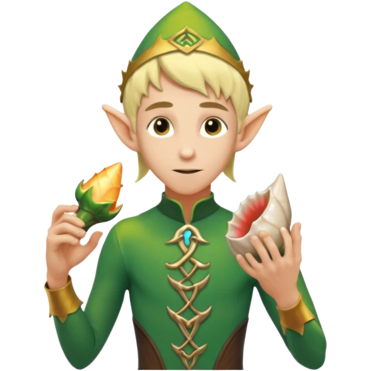 elf male Short wetsuit-style garb, glowing runes on skin, holding a conch horn. emoji
