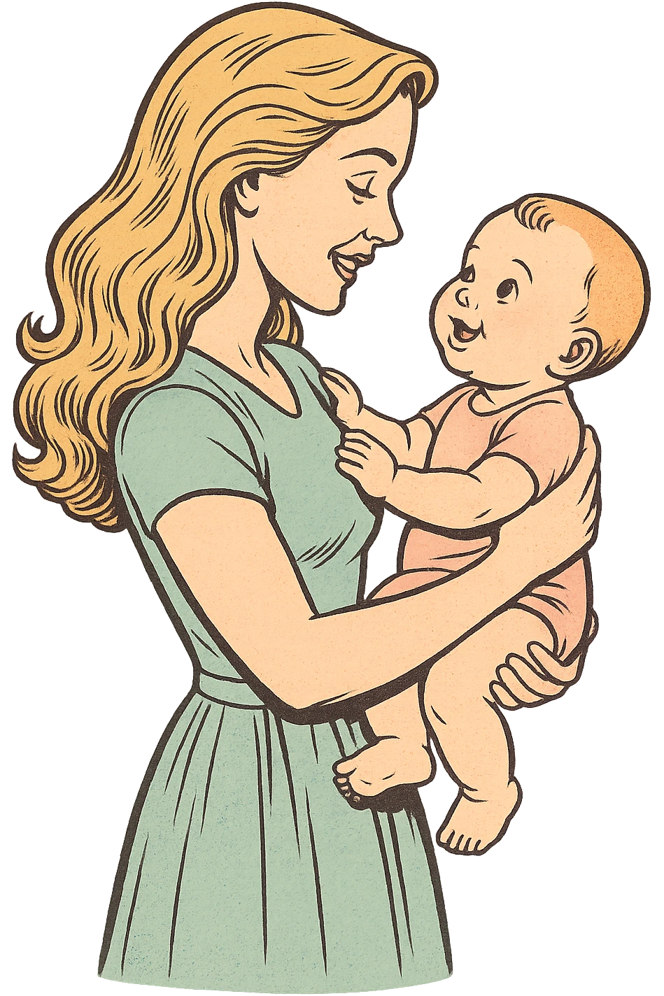 Make the mother more attractive with long wavy light hair, dressed in elegant clothing or a dress, side view, holding a baby in her arms, they look at each other. Style: old school comic book with thin clean contours, soft rounded shapes, pastel palette, detailed shadows and highlights, soft lighting, transparent background. emoji