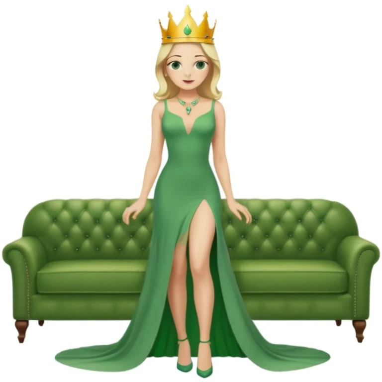 Queen, crown, blonde hair, green eyes, long green tight dress, decoltee,  Leg slit, whole Body, Background living room  emoji