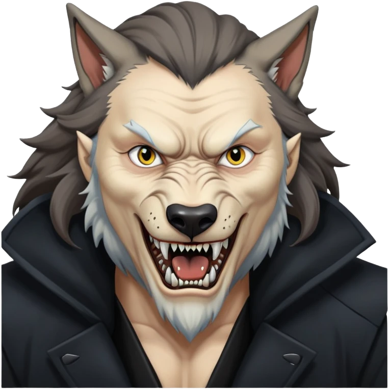 Fenrir Greyback in harry potter, black open chest coat, wolf face, pointed ear, bared teeth emoji