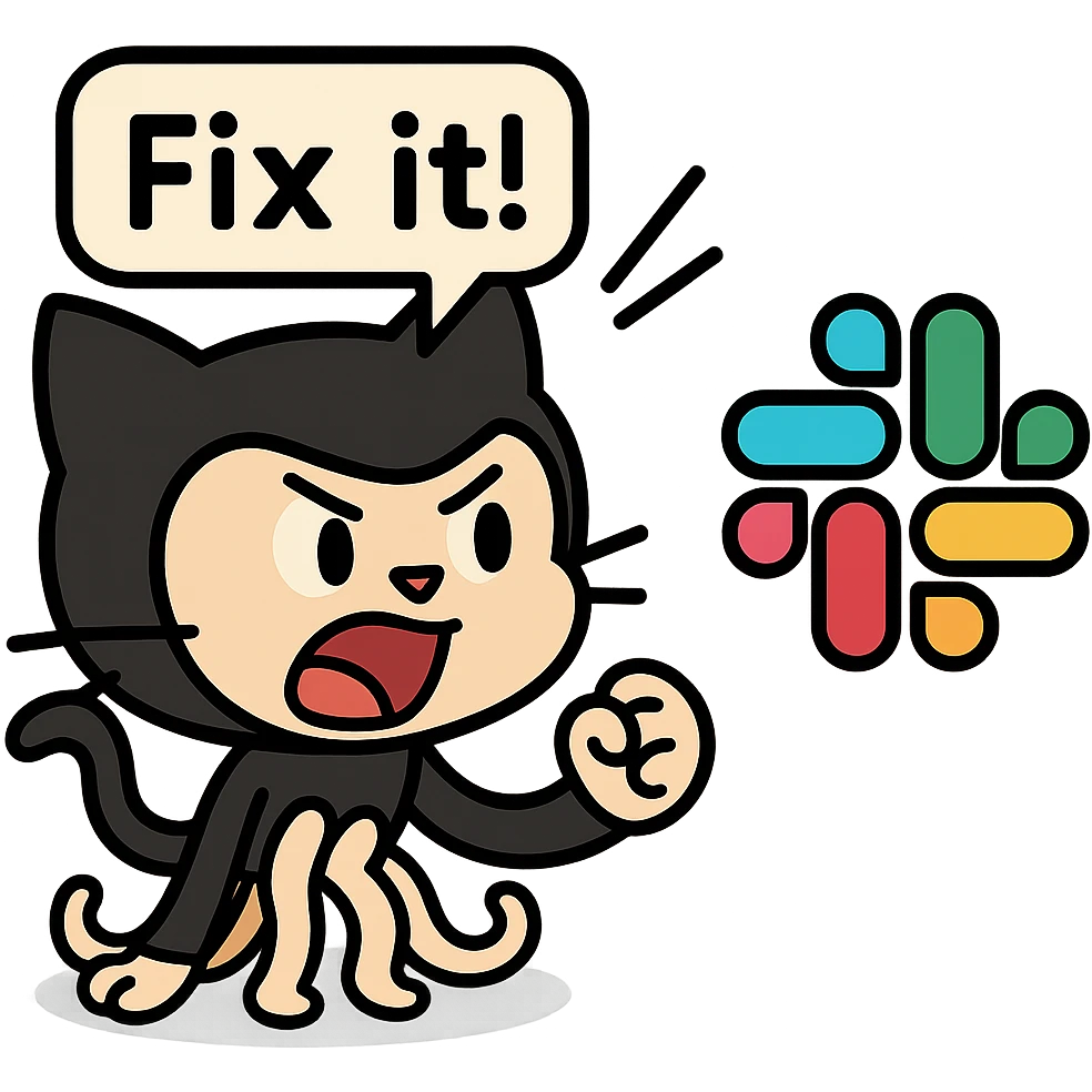 Add a speech bubble with the text 'Fix it!' to the Octocat shouting at the Slack logo, keep the style consistent with lineal color icon with black outlines. emoji