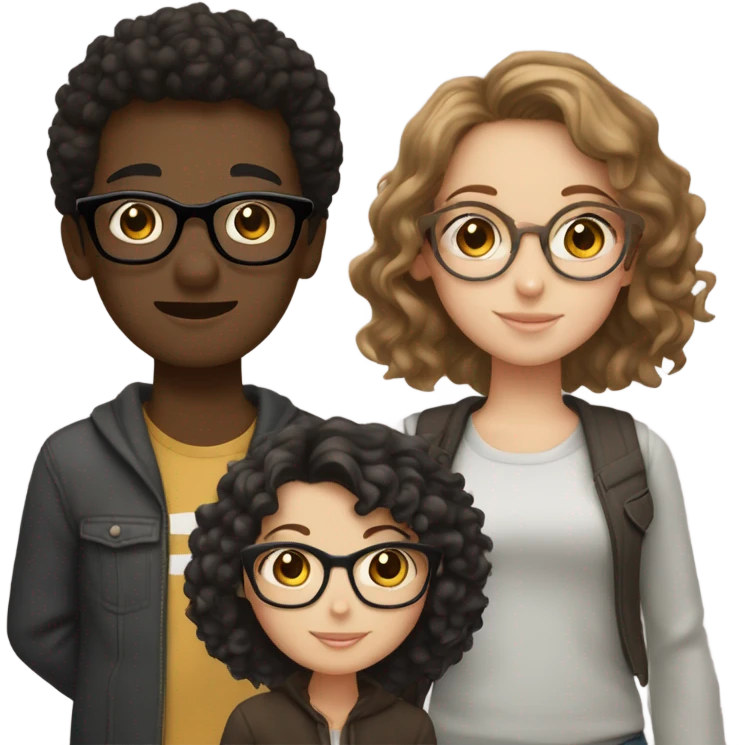 3 friends, one black male, black short hair, round face with glasses, one white girl with glasses and hair high in clip and one light brown girl with pretty skin and curly brown hair emoji