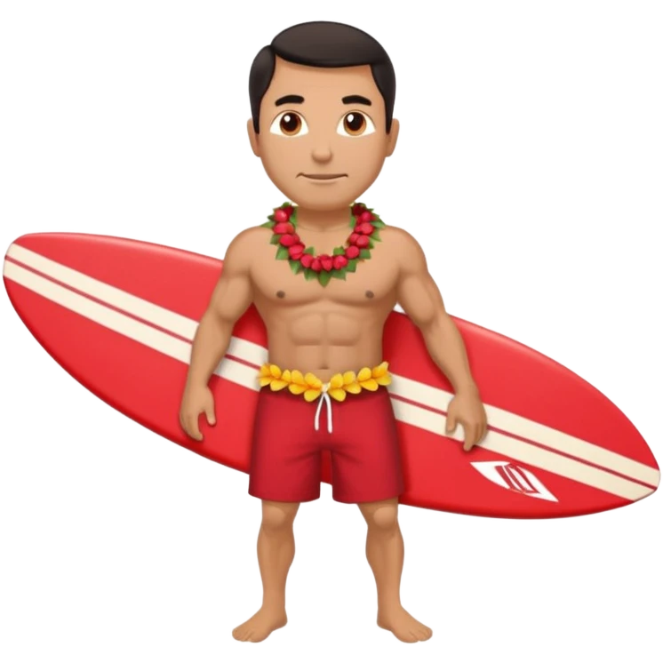 Dark-haired tan muscular 50 year old man with red shorts and shell lei surfing emoji