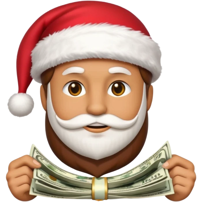 A confident rich emoji face wearing a Santa hat, money stacks, casino vibe, New Year theme, premium 3D emoji style, sharp details, no text, isolated on transparent background emoji