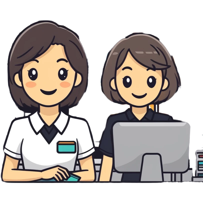 Gender-neutral cashier with shoulder-length hair, standing behind a cashier desk, smiling, wearing a neutral-colored uniform emoji
