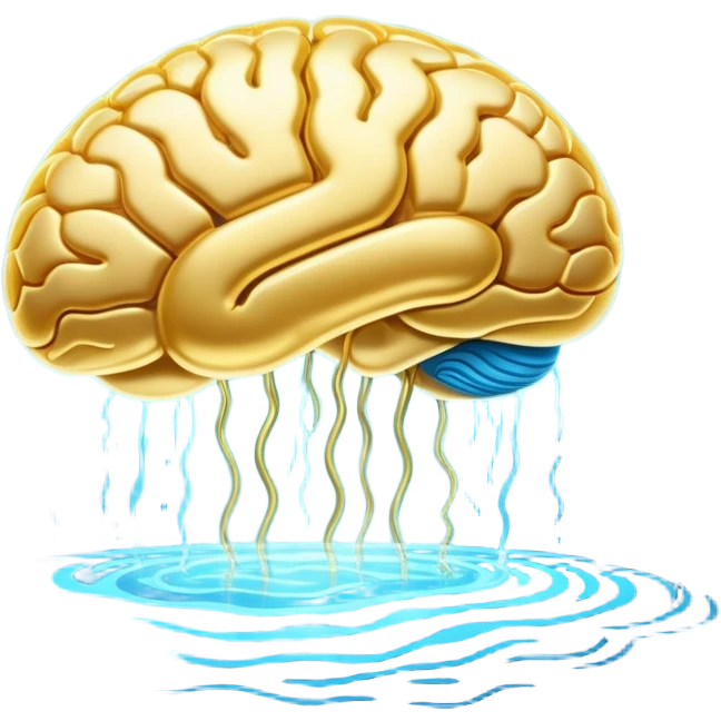 Glowing golden omega pill floating in ethereal blue waves, connected to a luminous brain by streams of light. The brain pulses with enhanced neural activity, with the entire scene having a mystical, flowing quality and soft radiance. emoji