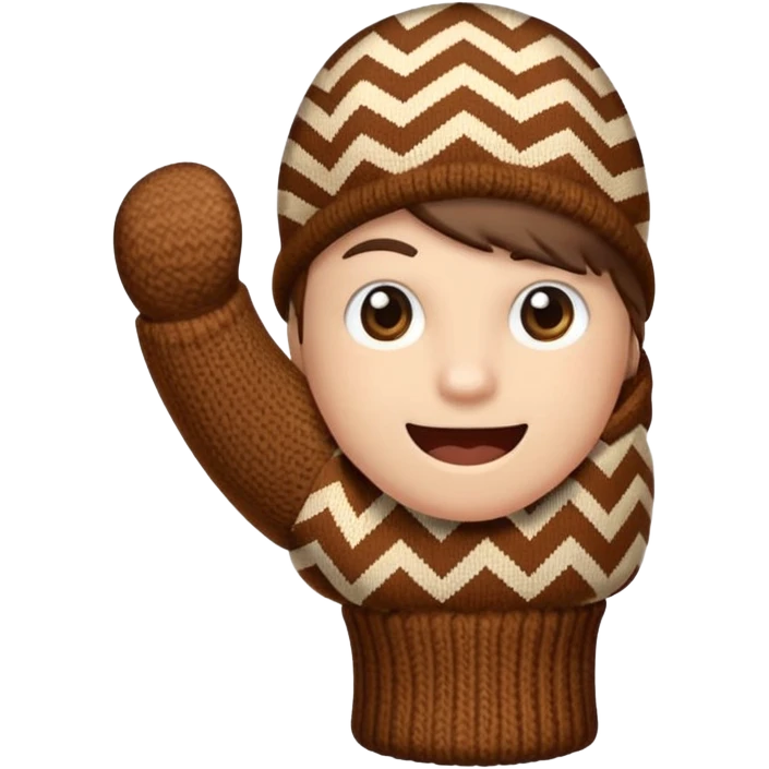 thumbs up fist in brown knit mitten with zig-zag beige pattern, no face emoji