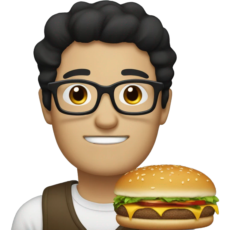 black hair, white skin, male, brown eyes, without beard, crying, with black square glasses, dreaming of a hamburger emoji