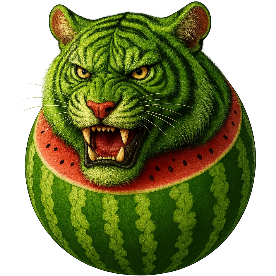 Edit the watermelon tiger character to have an angry expression. Keep the transparent background. emoji