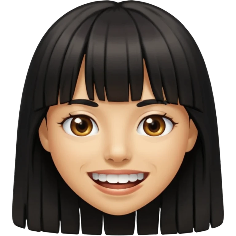 Woman a little tan with long black hairs and bangs, appearing teeth emoji