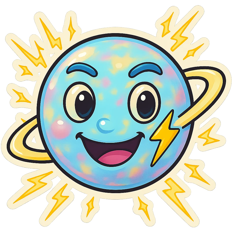 Refine this emoji to clearly look like a planet: keep the opal-like iridescent texture, wild electric energy, and playful, eccentric face, but emphasize a round planetary shape with visible rings and planetary features. Keep the background transparent. emoji