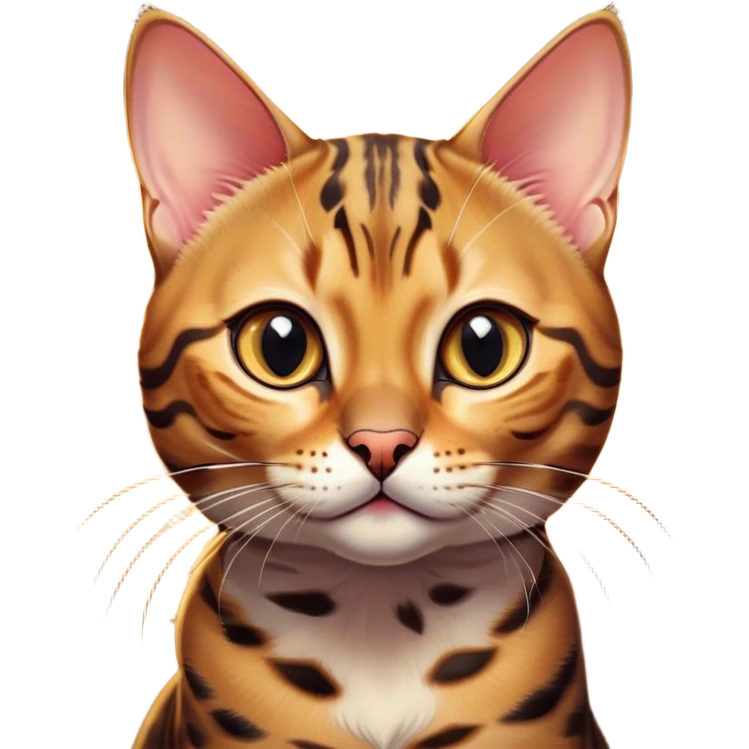 Cinematic Cute Bengal Cat Portrait Emoji, Head tilted playfully and inquisitively, sleek spotted brown and gold tones, Simplified yet adorable features, highly detailed, glowing with a warm, friendly glow, high shine, curious and affectionate, stylized with a touch of whimsy, bright and alert, soft glowing outline, capturing the essence of a mischievous yet loving kitten, so endearing it feels like it could pounce out of the screen and play! emoji