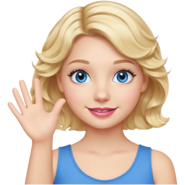 Girl Blonde short wavy hair,  blue eyes, cute blue top, long lashes, pink lips, smiling, waving hello  emoji
