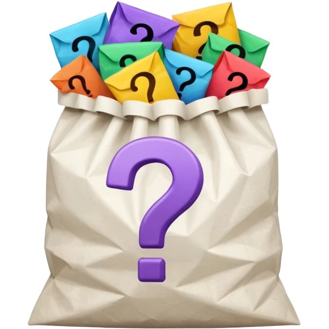 white goodiebag with questions mark boxes stuffed in it emoji