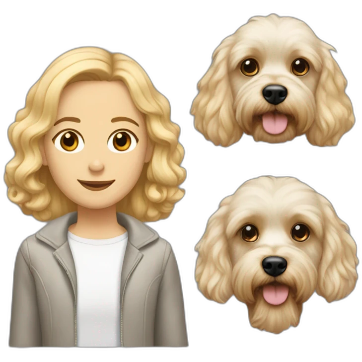 White Cavapoo with a blonde girl and a bearded dark haired guy emoji
