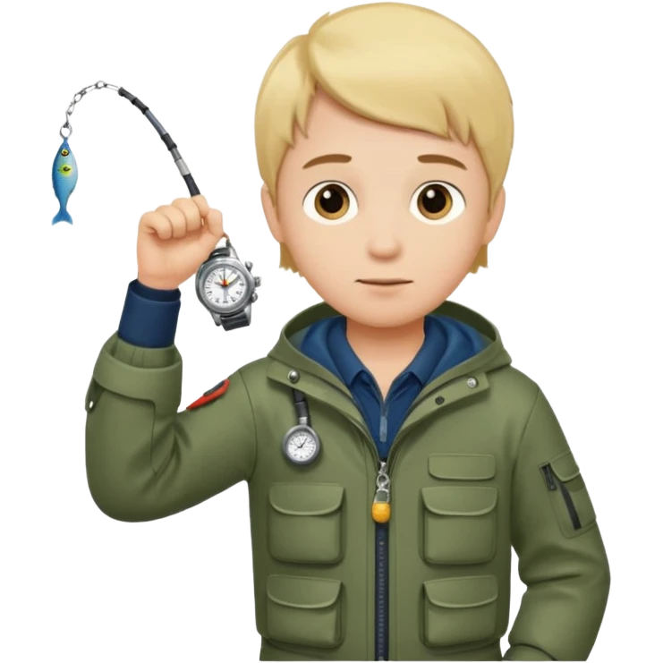 Boy in fishing suit looking at his wristwatch emoji