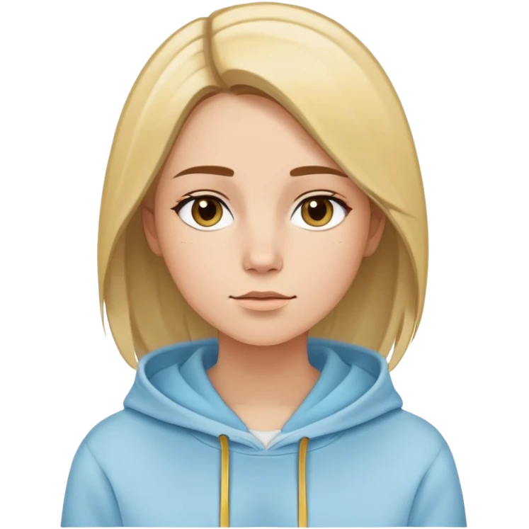 Woman with oval face, straight brown hair with blonde highlights parted to the side, dreamy expression, wearing a light blue hoodie with gold and white accents emoji