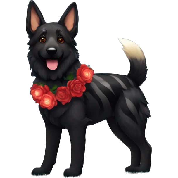 Bokeh Midnight starry night stars dark Brindled striped brindle black German shepherd fox carrying glowing red lantern, fairy lights, rose flower crown, bokeh lights, out of focus blur emoji