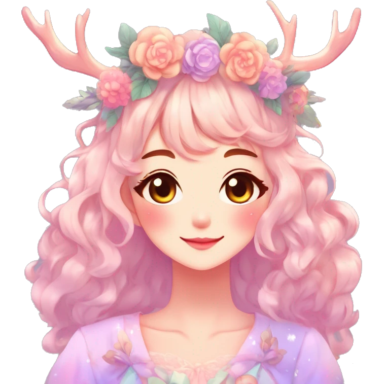 Gorgeous Shiny Colorful Pastel Anime Style Mature Lady with blushing face and pretty hair with a flower crown and antlers pastelcore kawaii cottagecore fairycore aesthetic trending style emoji