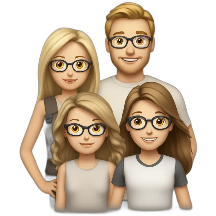 White family of 4, 1 brown hair mom, 1 brown hair boy, 2 girls with glasses and long blond hair emoji