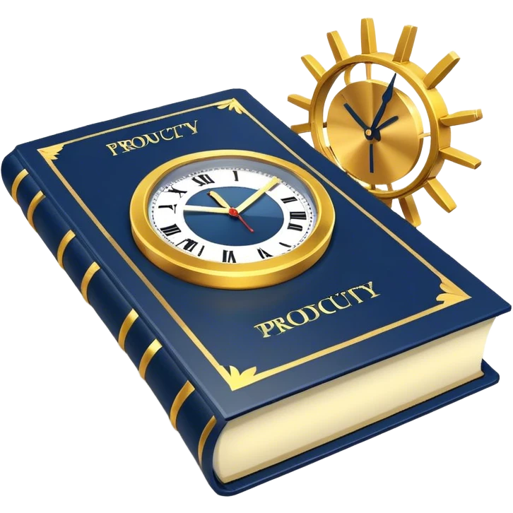 A navy blue productivity book with gold details, running clock and chart with upward trend aura, radiating productivity, strategy, and success in motion with time and happiness yellow emoji