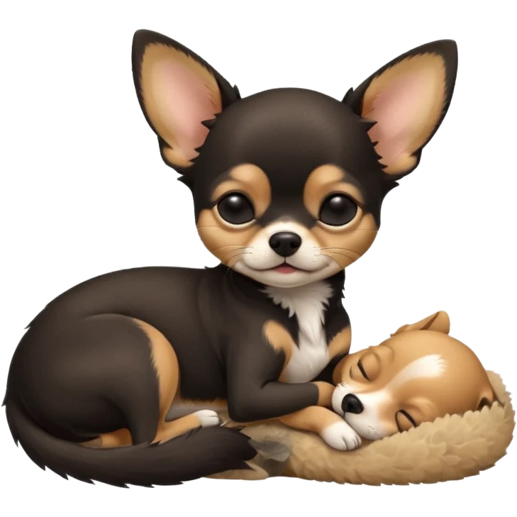 A high-resolution photo-realistic digital illustration of a cute black and tan chihuahua with eyes closed shut sleeping lazily on the ground emoji