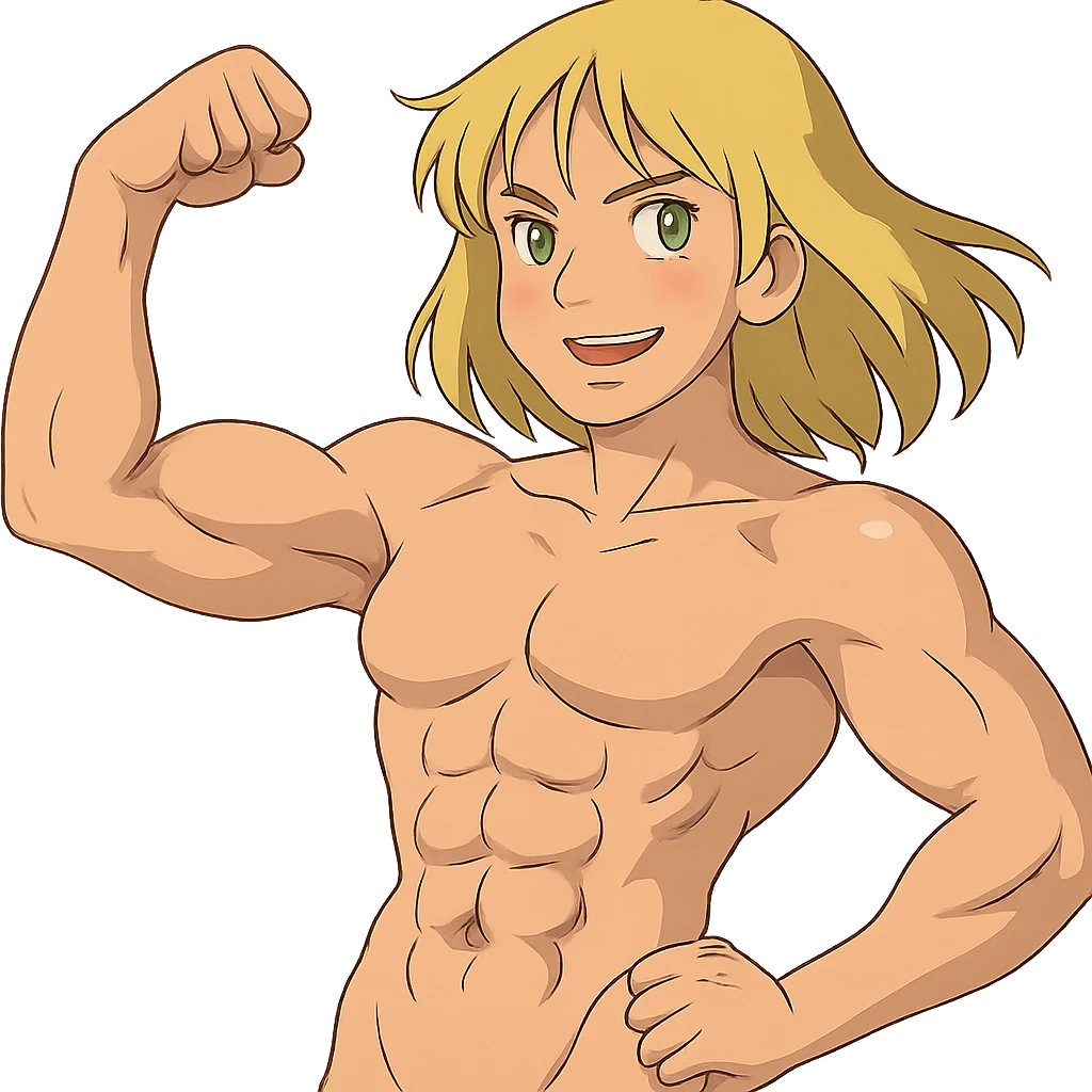 muscular white girl with blonde hair and green eyes, flexing 6 pack abs and one arm bicep emoji